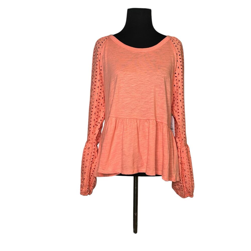 Time & Tru Melon eyelet long sleeves ruffled hem top size Medium